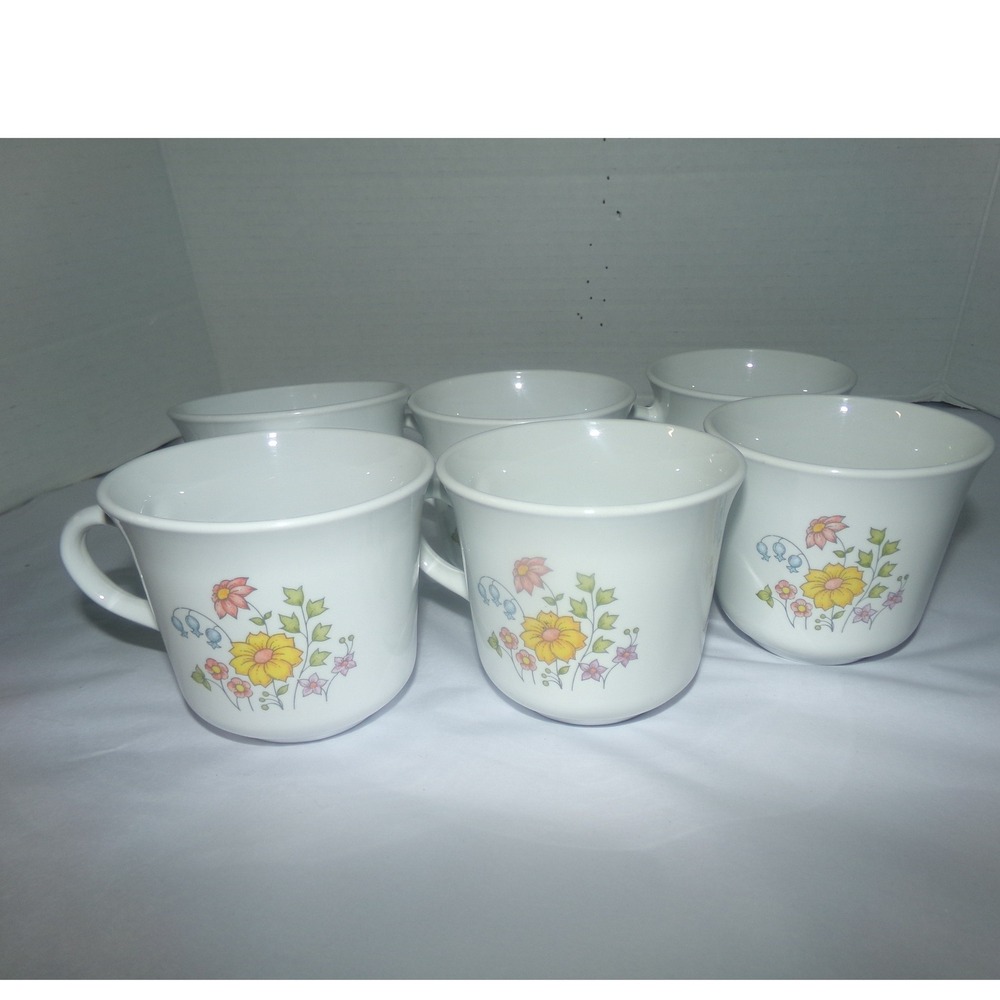Corelle Summer Blush Coffee Mugs Set of 6 Corning Vitrelle Floral White Vintage